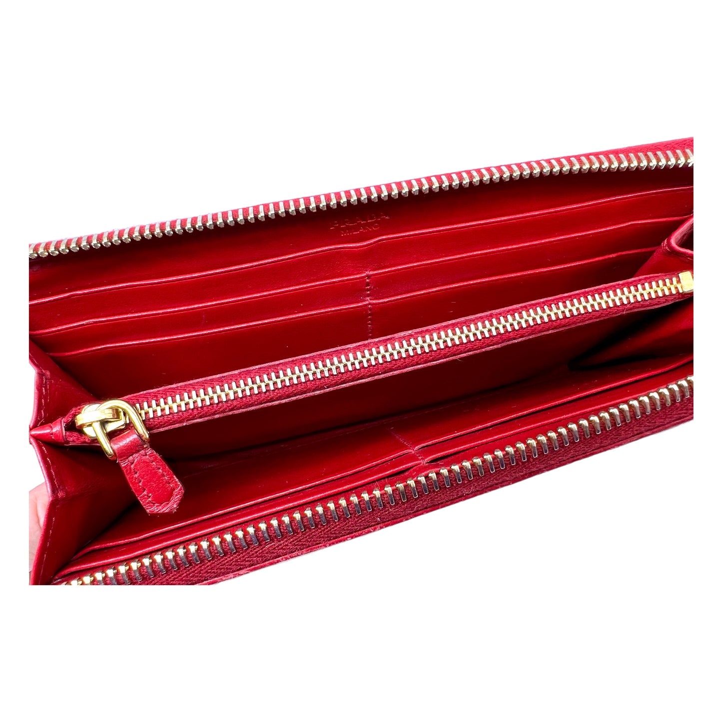 Prada Tessuto Red Ibisco Quilted Nylon Leather Continental Zip Around Wallet